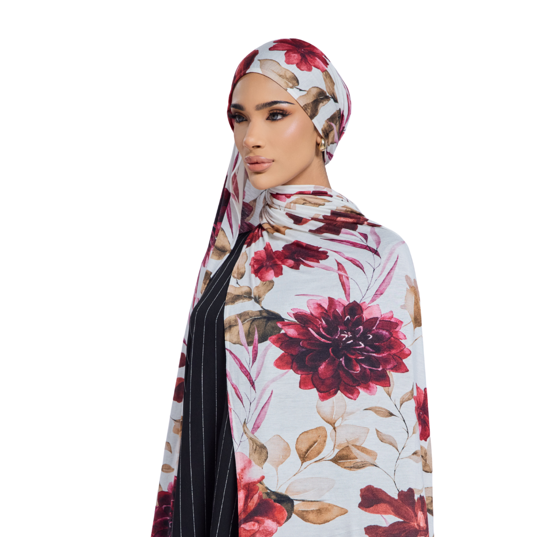 Crimson Floral Jersey Hijab