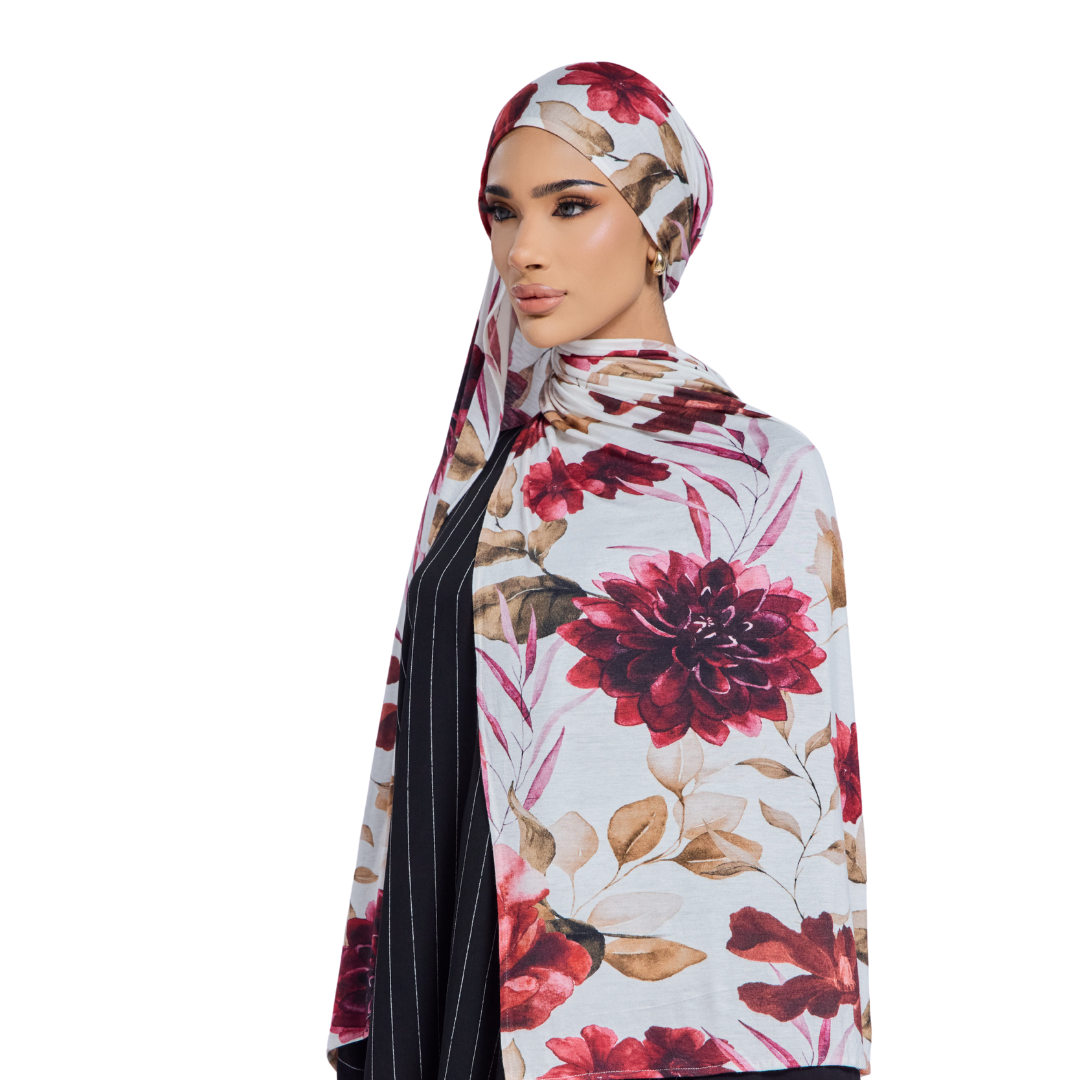 Crimson Floral Jersey Hijab